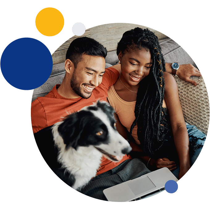 Smiling couple on coach with a dog using laptop