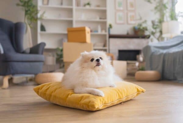 Cute little pomeranien white fur laying down relax on yellow pillow with cardboard box home relocation renovation room interior home