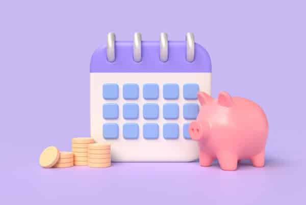 d pig piggy bank, calendar, stack of gold coins. time to pay. successful payment of the loan. tax day. fast money concept. illustration isolated on purple background. 3d rendering