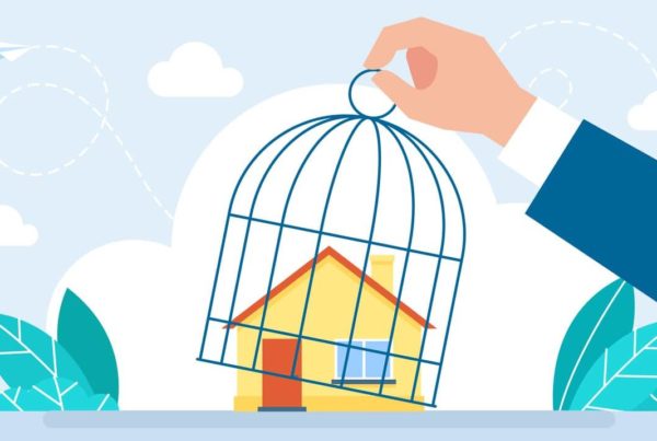 The locked house inside the cage. Hand lifting a cage of house. The concept of rent, credit, seizure of real estate. Removal of restrictions, fines. Real estate concept. Flat illustration